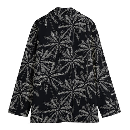 Black White Palm Tree Pattern Print Women's Cotton Blazer