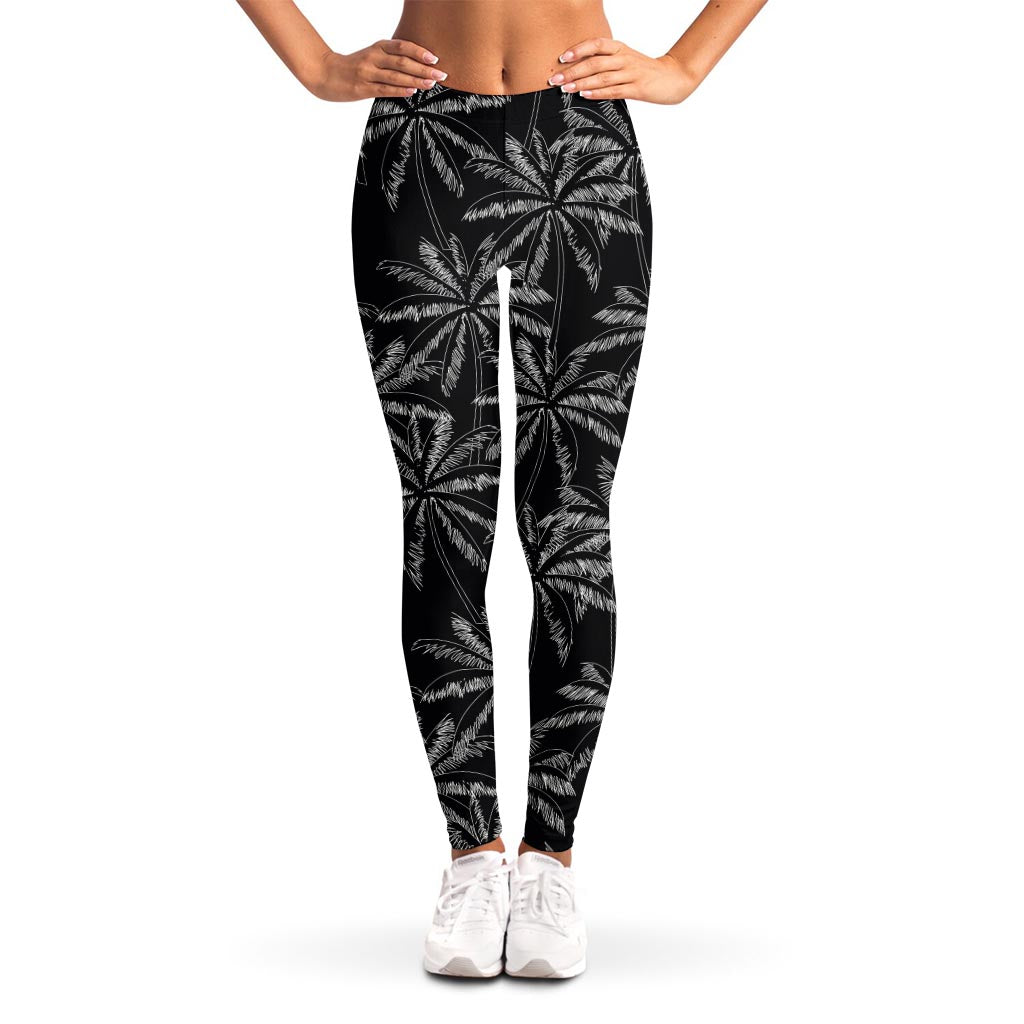 Black White Palm Tree Pattern Print Women's Leggings