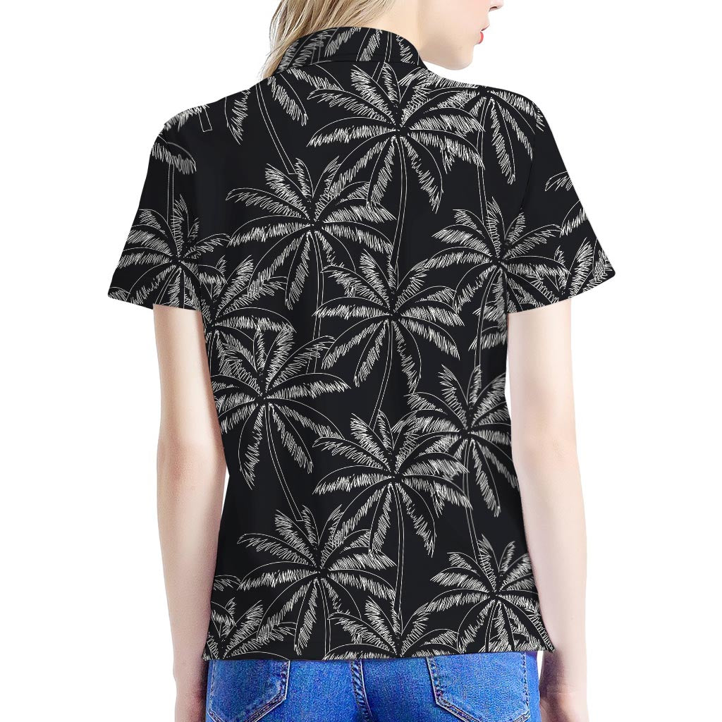 Black White Palm Tree Pattern Print Women's Polo Shirt