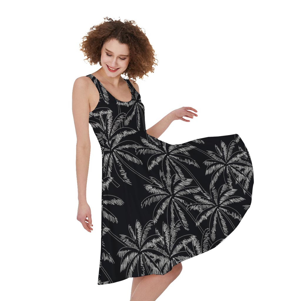 Black White Palm Tree Pattern Print Women's Sleeveless Dress