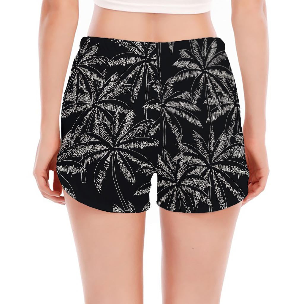 Black White Palm Tree Pattern Print Women's Split Running Shorts