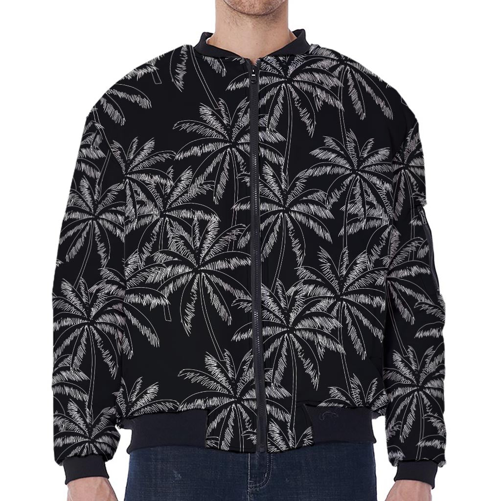 Black White Palm Tree Pattern Print Zip Sleeve Bomber Jacket