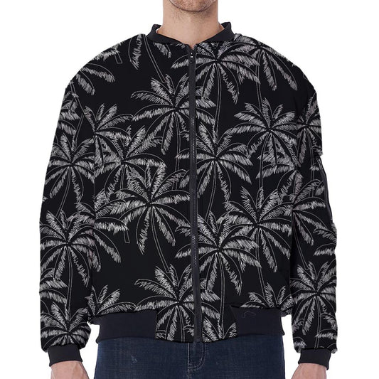 Black White Palm Tree Pattern Print Zip Sleeve Bomber Jacket