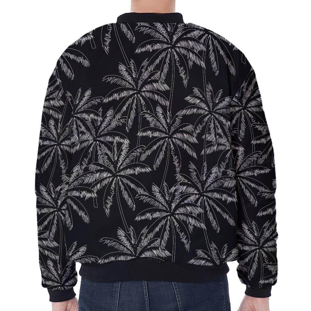 Black White Palm Tree Pattern Print Zip Sleeve Bomber Jacket