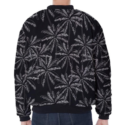 Black White Palm Tree Pattern Print Zip Sleeve Bomber Jacket