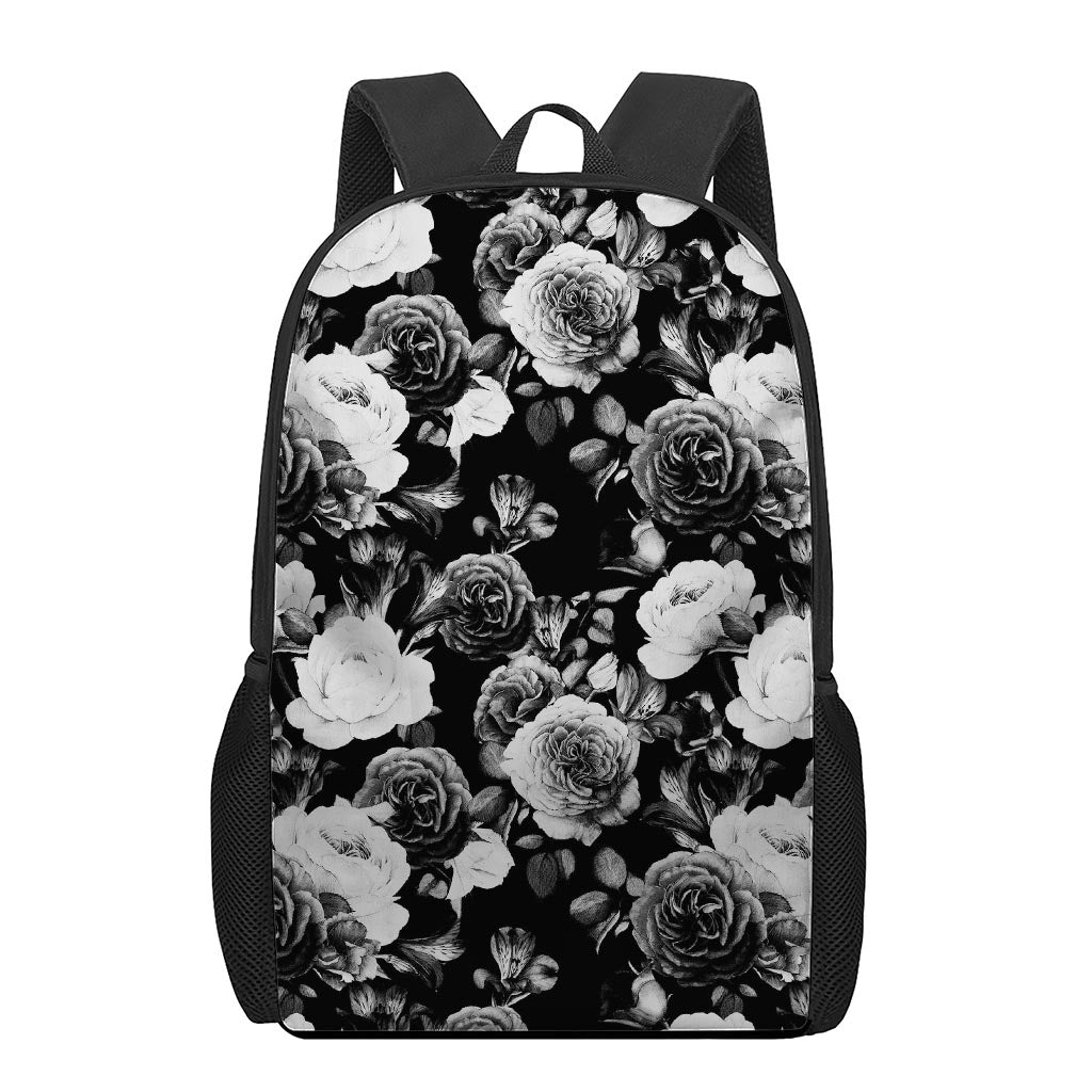 Black White Rose Floral Pattern Print 17 Inch Backpack