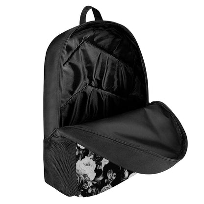 Black White Rose Floral Pattern Print 17 Inch Backpack