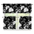 Black White Rose Floral Pattern Print 3 Piece Kitchen Curtains