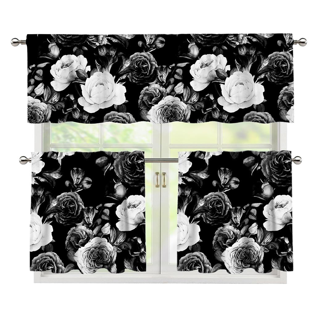Black White Rose Floral Pattern Print 3 Piece Kitchen Curtains
