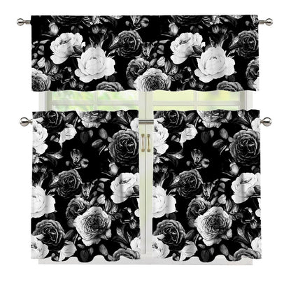 Black White Rose Floral Pattern Print 3 Piece Kitchen Curtains