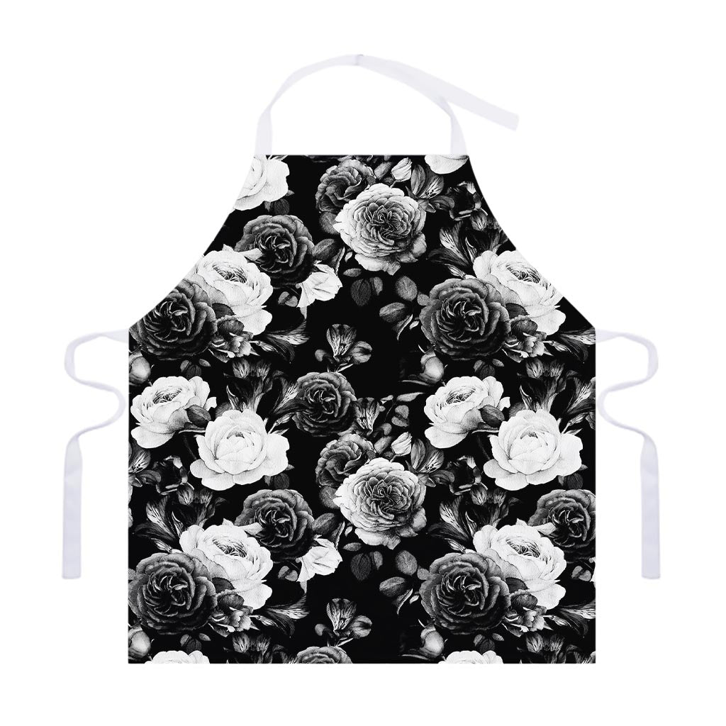 Black White Rose Floral Pattern Print Adjustable Apron
