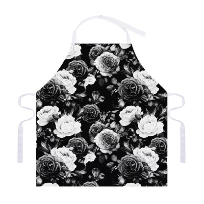 Black White Rose Floral Pattern Print Adjustable Apron