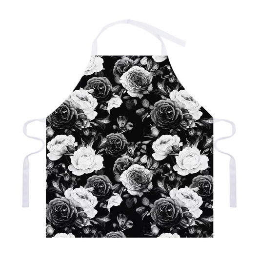 Black White Rose Floral Pattern Print Adjustable Apron