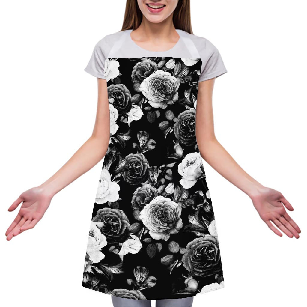 Black White Rose Floral Pattern Print Adjustable Apron