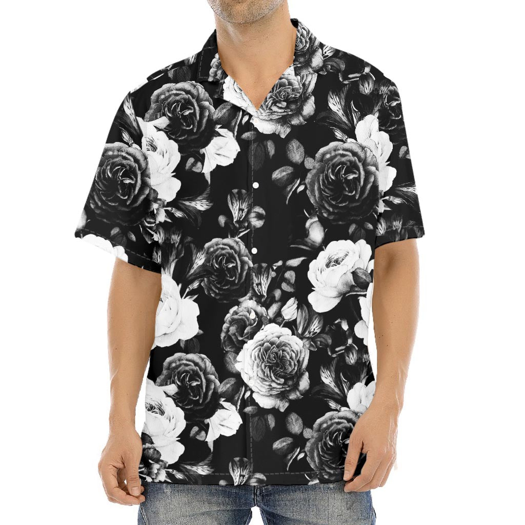 Black White Rose Floral Pattern Print Aloha Shirt