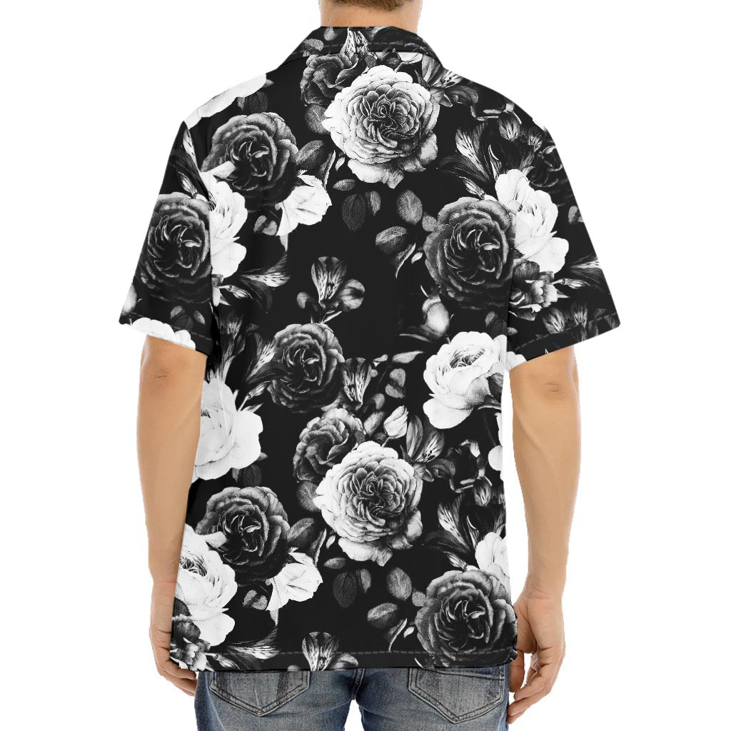 Black White Rose Floral Pattern Print Aloha Shirt