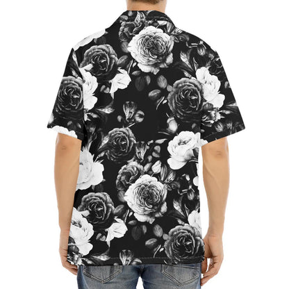 Black White Rose Floral Pattern Print Aloha Shirt