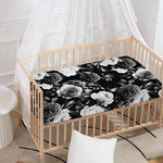 Black White Rose Floral Pattern Print Baby Crib Sheet