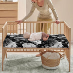Black White Rose Floral Pattern Print Baby Crib Sheet