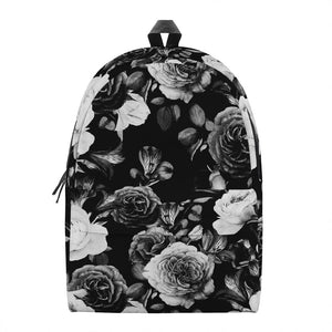 Black White Rose Floral Pattern Print Backpack