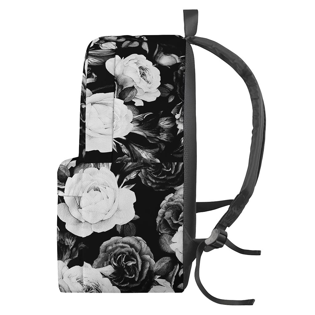 Black White Rose Floral Pattern Print Backpack