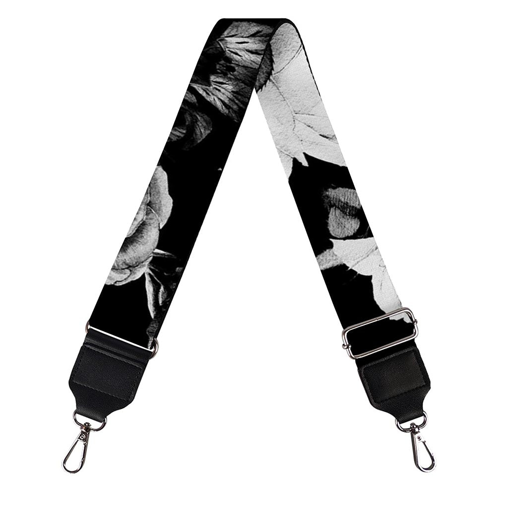 Black White Rose Floral Pattern Print Bag Strap