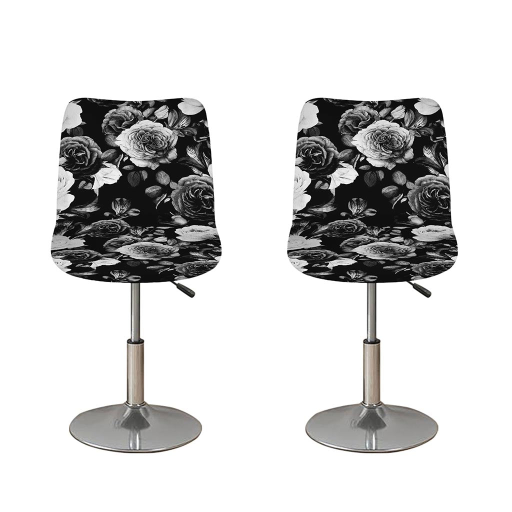 Black White Rose Floral Pattern Print Bar Stool Covers