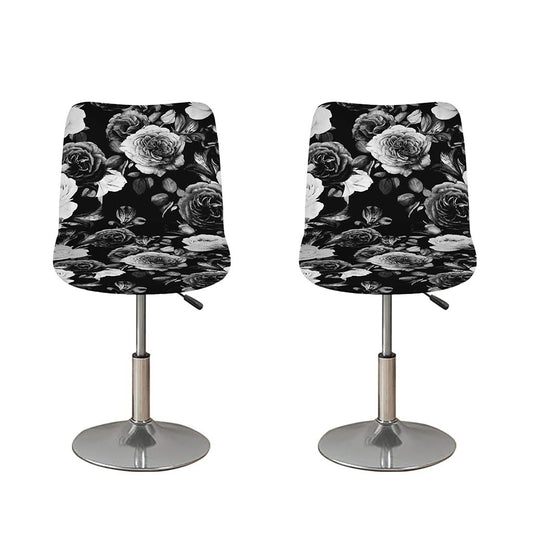 Black White Rose Floral Pattern Print Bar Stool Covers