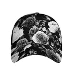 Black White Rose Floral Pattern Print Baseball Cap