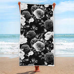 Black White Rose Floral Pattern Print Beach Towel