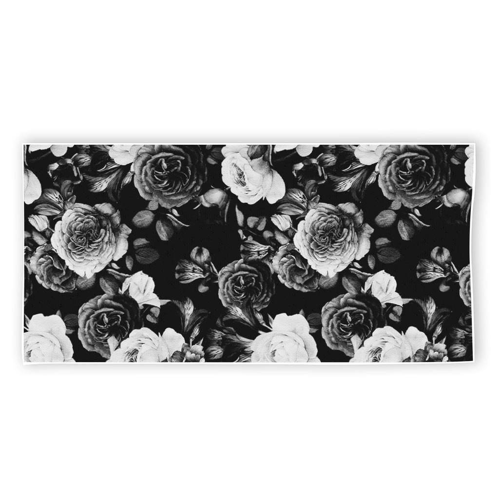 Black White Rose Floral Pattern Print Beach Towel