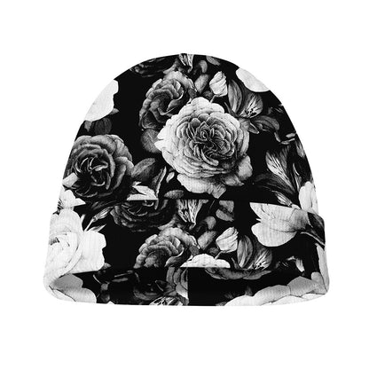 Black White Rose Floral Pattern Print Beanie