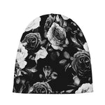 Black White Rose Floral Pattern Print Beanie