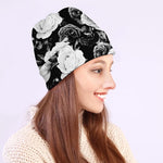 Black White Rose Floral Pattern Print Beanie