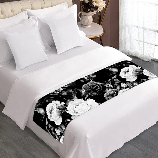 Black White Rose Floral Pattern Print Bed Runner