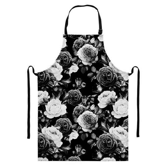 Black White Rose Floral Pattern Print Bib Apron With Pocket