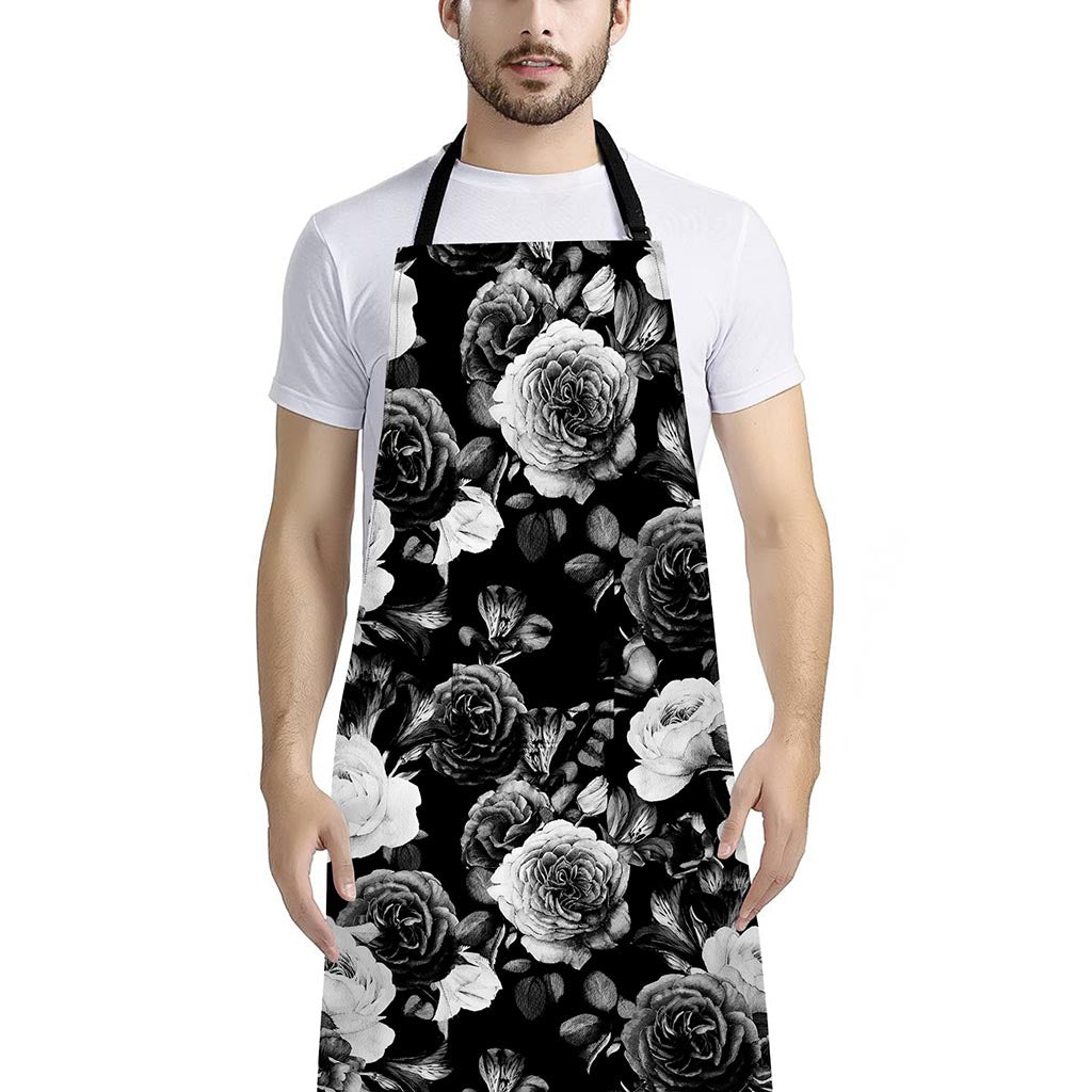 Black White Rose Floral Pattern Print Bib Apron With Pocket