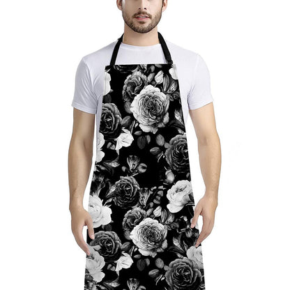 Black White Rose Floral Pattern Print Bib Apron With Pocket