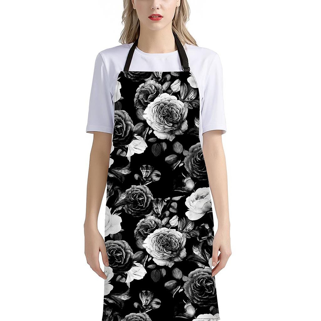 Black White Rose Floral Pattern Print Bib Apron With Pocket