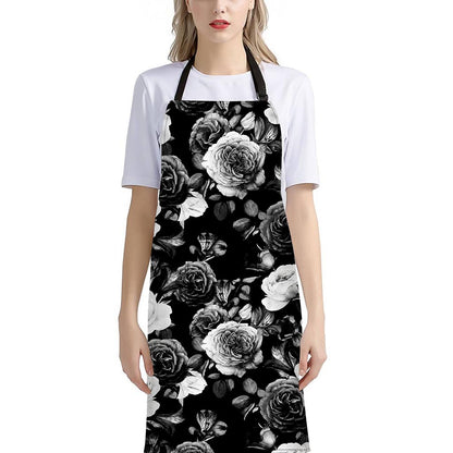 Black White Rose Floral Pattern Print Bib Apron With Pocket