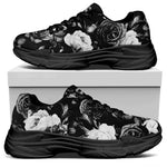 Black White Rose Floral Pattern Print Black Chunky Shoes