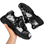Black White Rose Floral Pattern Print Black Chunky Shoes