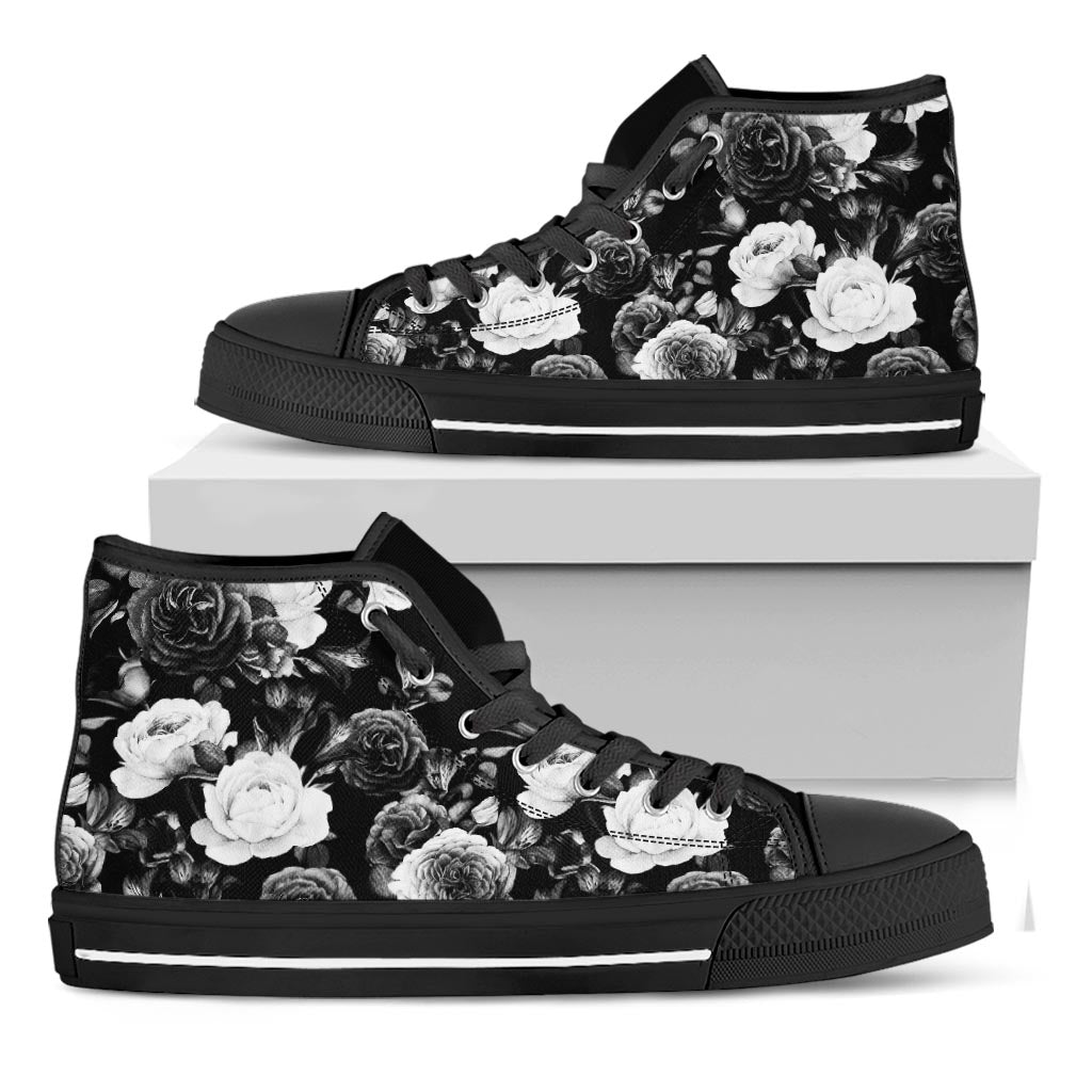 Black White Rose Floral Pattern Print Black High Top Sneakers