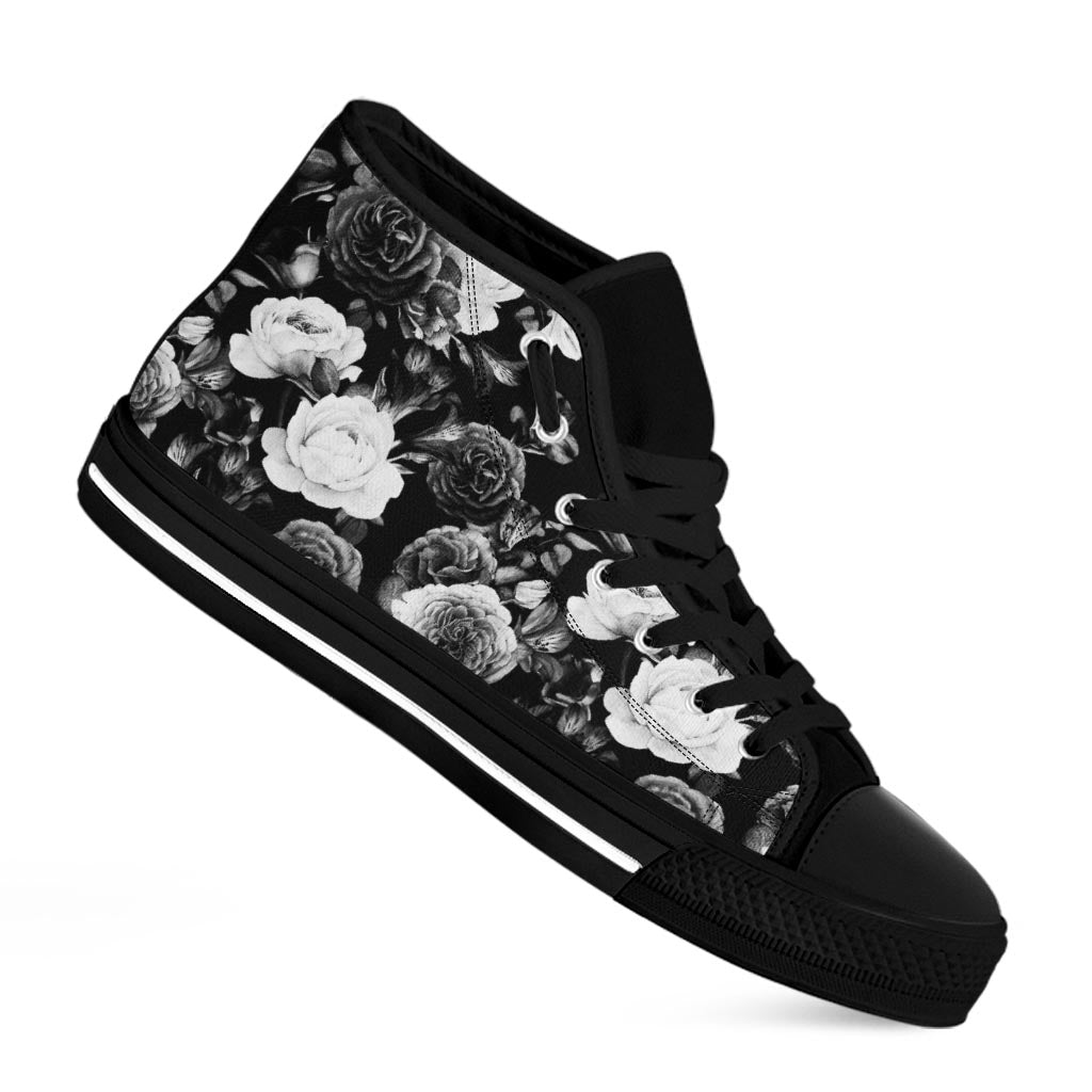 Black White Rose Floral Pattern Print Black High Top Sneakers