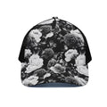 Black White Rose Floral Pattern Print Black Mesh Trucker Hat