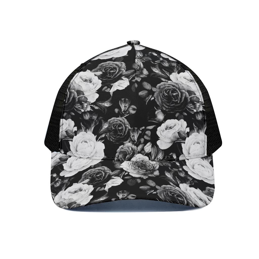 Black White Rose Floral Pattern Print Black Mesh Trucker Cap