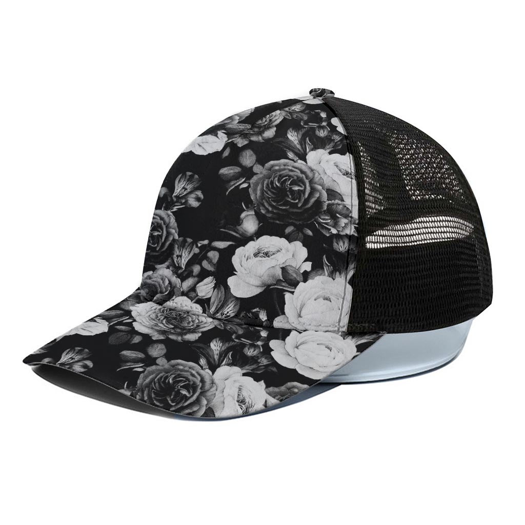 Black White Rose Floral Pattern Print Black Mesh Trucker Cap