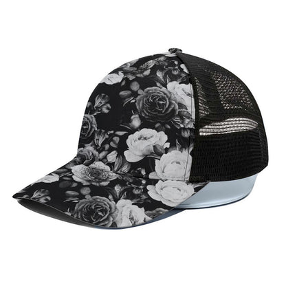 Black White Rose Floral Pattern Print Black Mesh Trucker Cap