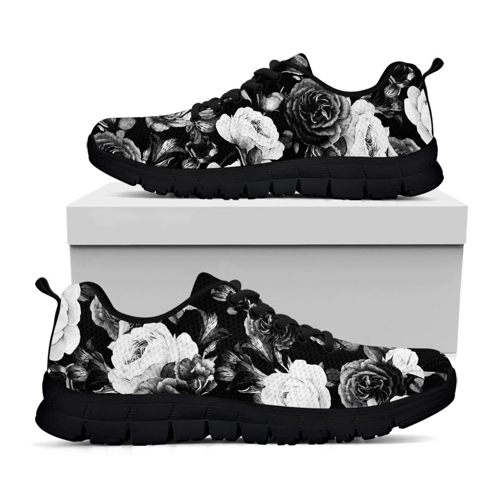 Black White Rose Floral Pattern Print Black Running Shoes