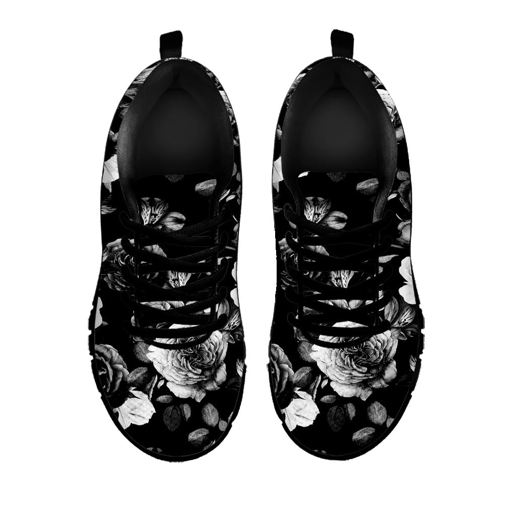 Black White Rose Floral Pattern Print Black Running Shoes